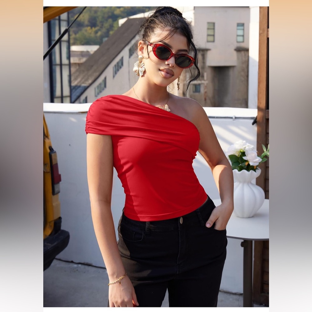 Elegant Red One-Shoulder Top small women ruched going out t shirt